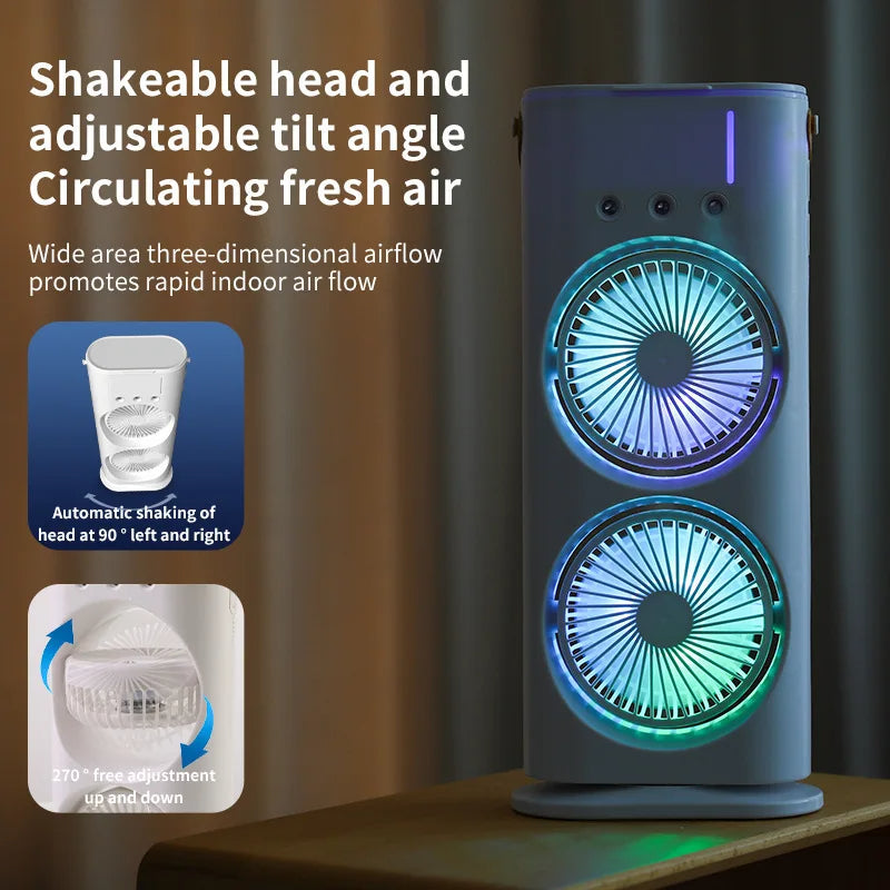 Portable Mini Air Cooler For Room Cooling, Double Ended Spray Mist Fan, Usb Rechargeable Desk Fan For Summer, Home, Bedroom And Office, Rotatable Fan With 7colors Led Light And Remote