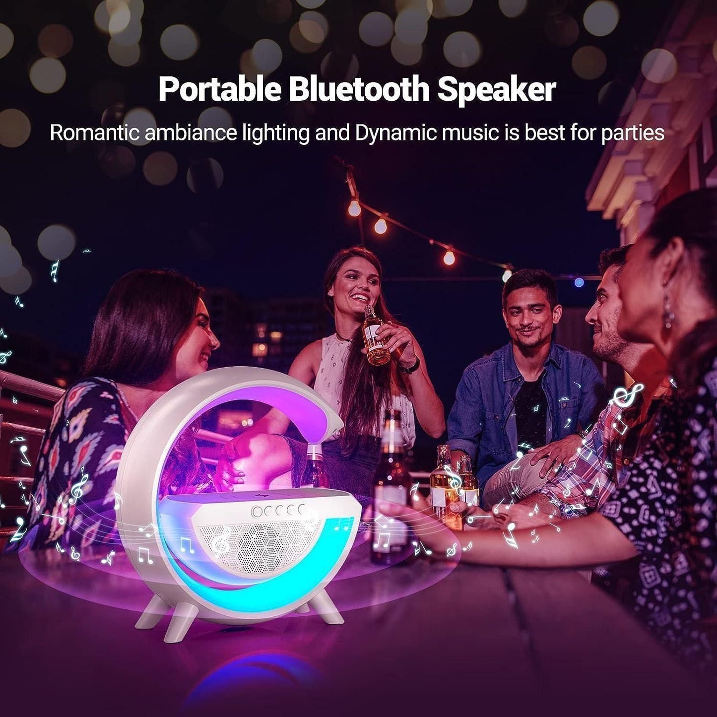 π G-Shape Multifunctional Google Speaker with LED, Wireless Charging, 15W Fast Charging, Bluetooth, FM Radio, RGB Music Sync, and Atmosphere Lamp.