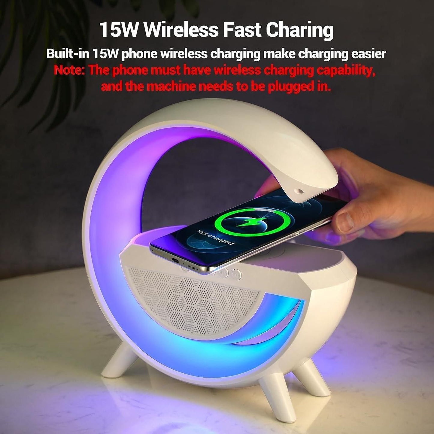π G-Shape Multifunctional Google Speaker with LED, Wireless Charging, 15W Fast Charging, Bluetooth, FM Radio, RGB Music Sync, and Atmosphere Lamp.