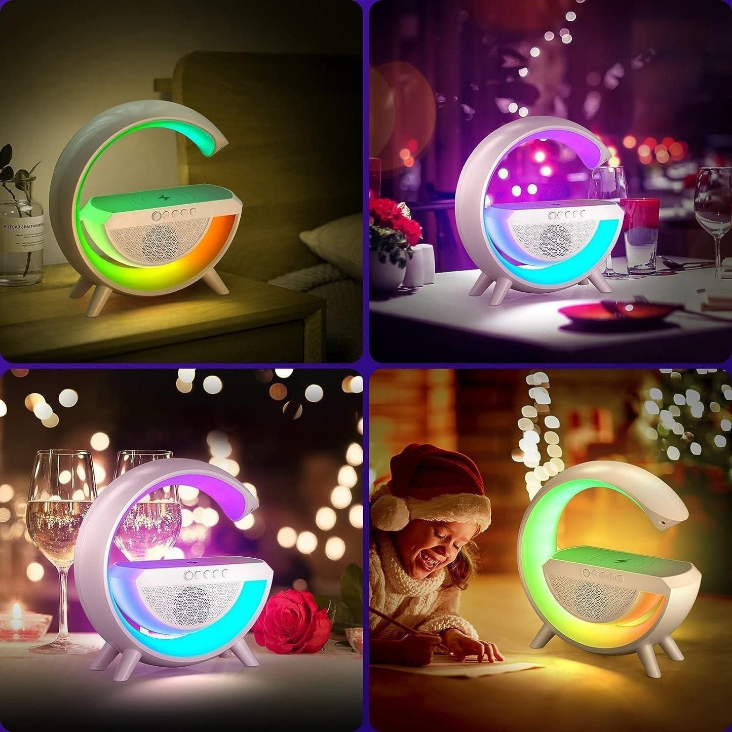 π G-Shape Multifunctional Google Speaker with LED, Wireless Charging, 15W Fast Charging, Bluetooth, FM Radio, RGB Music Sync, and Atmosphere Lamp.