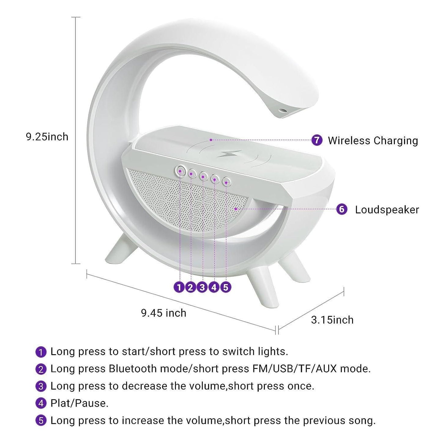 π G-Shape Multifunctional Google Speaker with LED, Wireless Charging, 15W Fast Charging, Bluetooth, FM Radio, RGB Music Sync, and Atmosphere Lamp.
