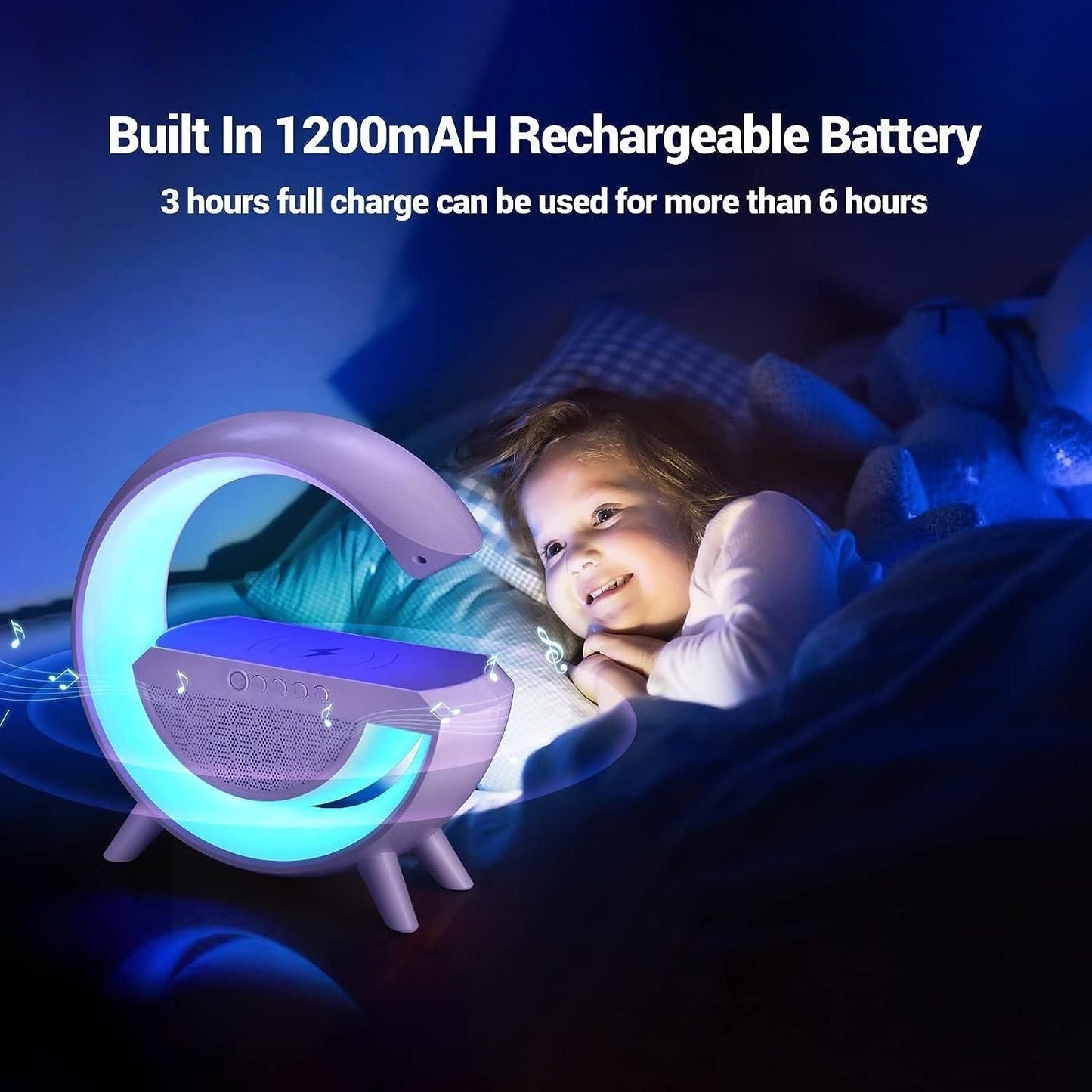π G-Shape Multifunctional Google Speaker with LED, Wireless Charging, 15W Fast Charging, Bluetooth, FM Radio, RGB Music Sync, and Atmosphere Lamp.