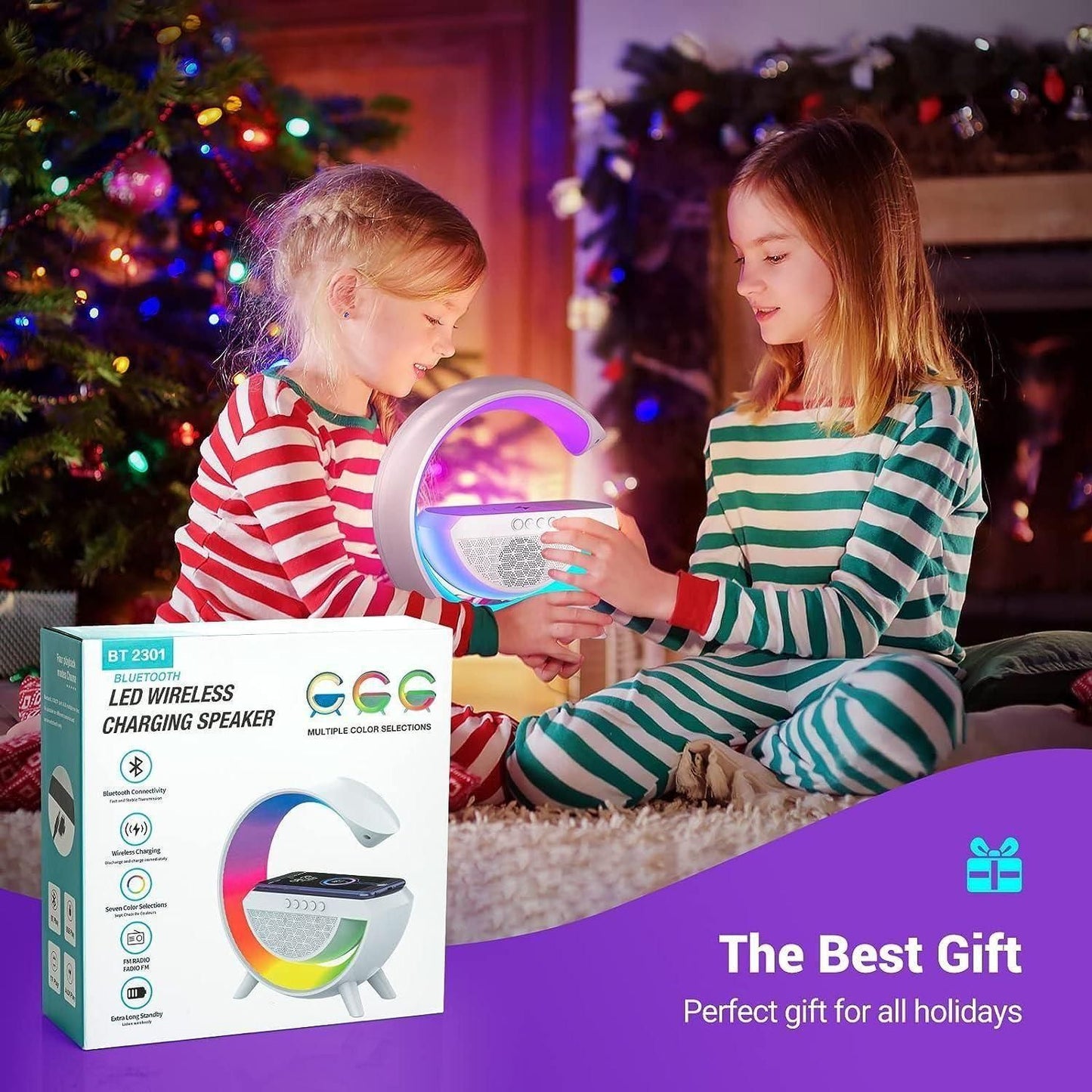 π G-Shape Multifunctional Google Speaker with LED, Wireless Charging, 15W Fast Charging, Bluetooth, FM Radio, RGB Music Sync, and Atmosphere Lamp.
