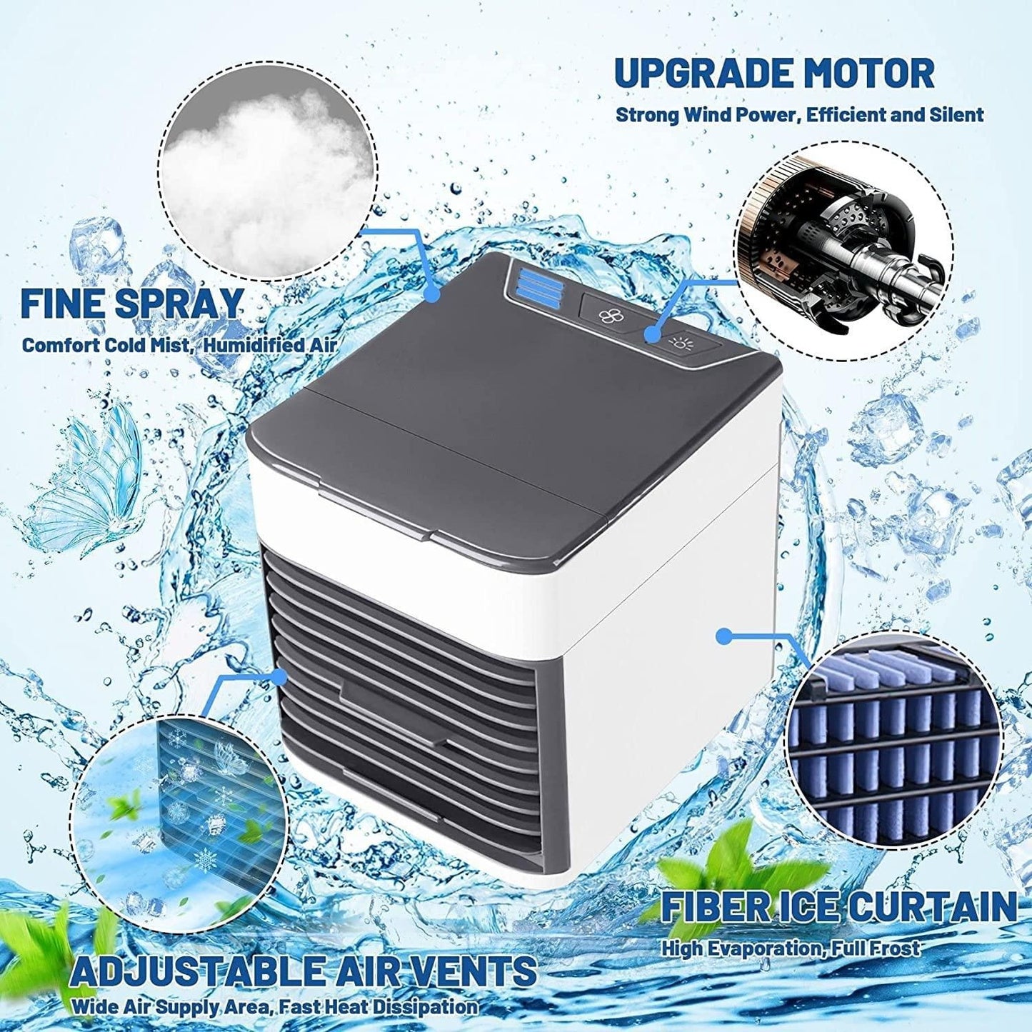 Portable Mini AC Cooler for Room Cooling Fan USB Powered Mini Cooler For Travel Rechargeable Fan, Portable Air Conditioners for Home Fan with light, Humidifier, Air Purifier