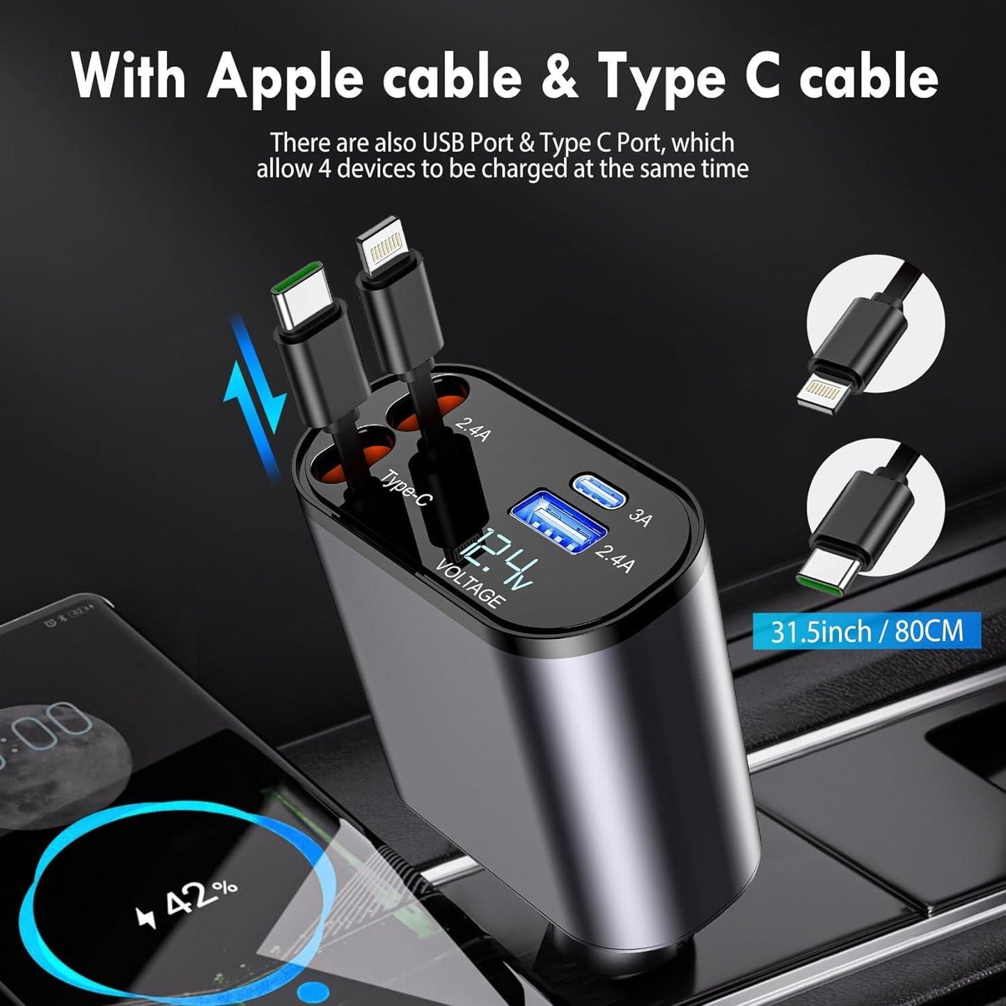4-in-1 Retractable Car Charger, 120W Super Fast Charge, with 31.5-Inch Retractable Cables and Dual USB Ports, Compatible with All iPhone, iPad, Pixel, Tablets, All Android Phones