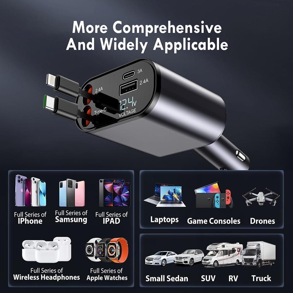 4-in-1 Retractable Car Charger, 120W Super Fast Charge, with 31.5-Inch Retractable Cables and Dual USB Ports, Compatible with All iPhone, iPad, Pixel, Tablets, All Android Phones