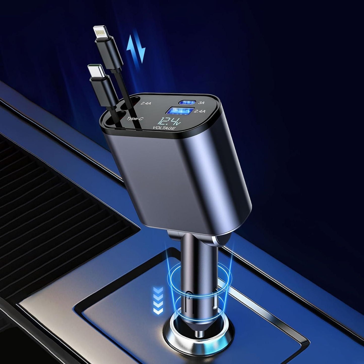 4-in-1 Retractable Car Charger, 120W Super Fast Charge, with 31.5-Inch Retractable Cables and Dual USB Ports, Compatible with All iPhone, iPad, Pixel, Tablets, All Android Phones