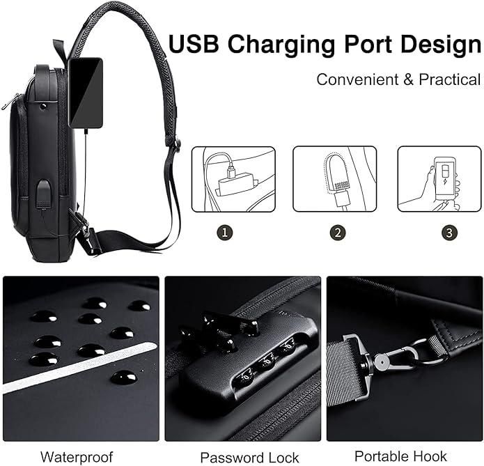 Anti Theft Waterproof Unisex Sling Bag, USB Charging port Shoulder Backpack With Multifunctional Use for Travel, Hiking, Camping, Daily Out, Crossbody Chest Bags