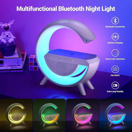 🔊 G-Shape Multifunctional Google Speaker with LED, Wireless Charging, 15W Fast Charging, Bluetooth, FM Radio, RGB Music Sync, and Atmosphere Lamp.